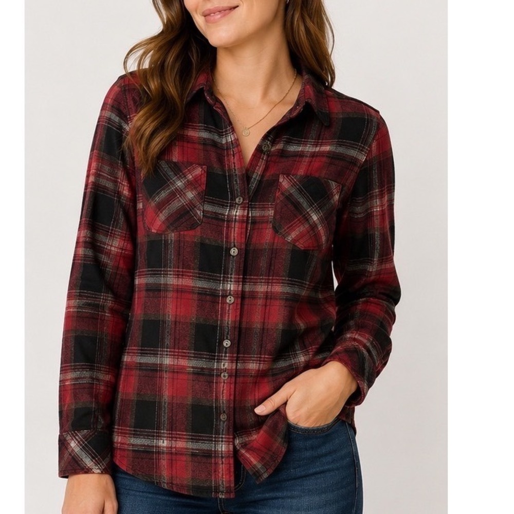 Legendary Whitetails Womens Red Black Plaid‎ Flannel Button Down Shirt Large LG